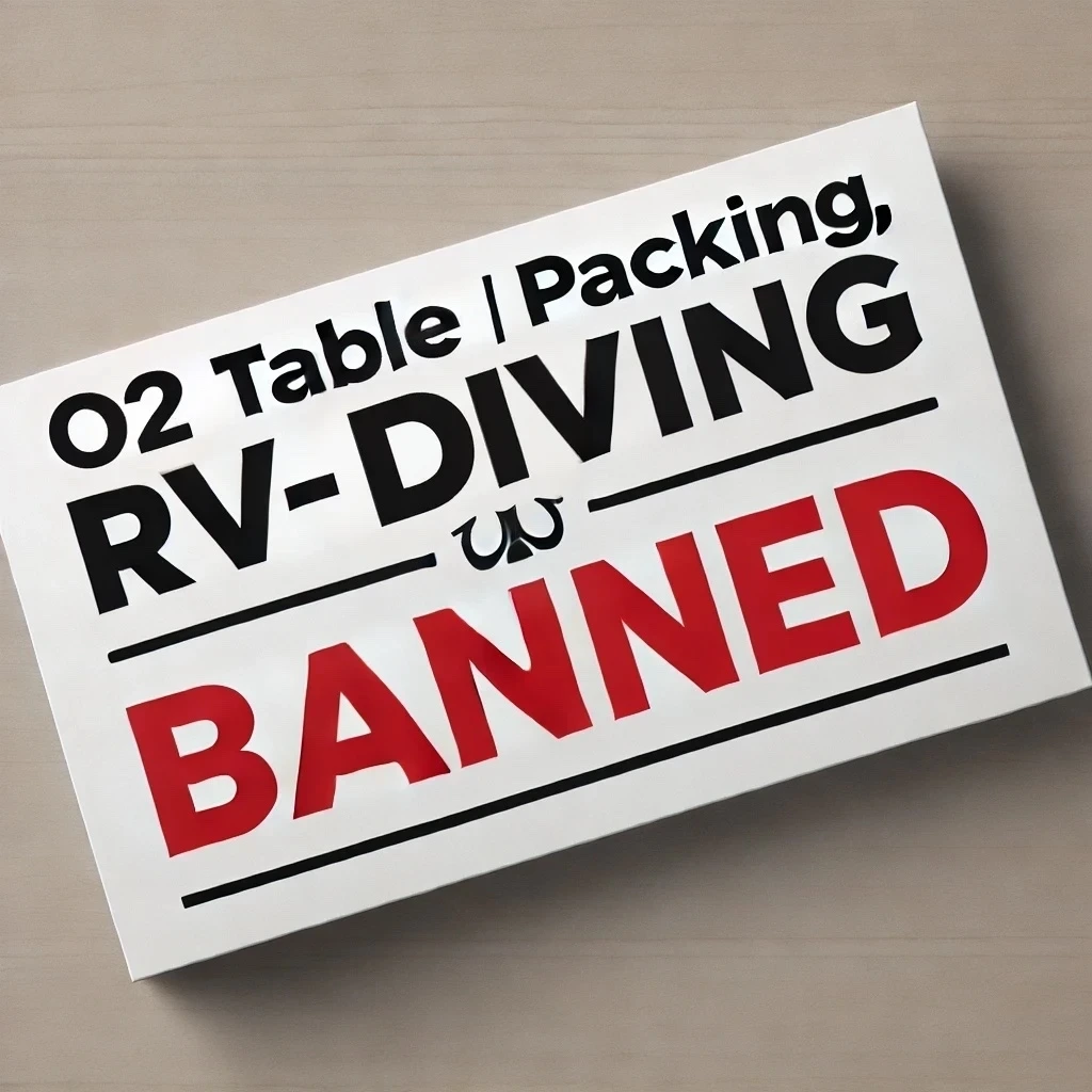 DALL·E 2025-02-01 23.45.08 - A minimalistic banner with only text, displaying 'O₂ Table, Packing, RV Diving - BANNED' in English. The word 'BANNED' should be in bold red text for .jpeg
