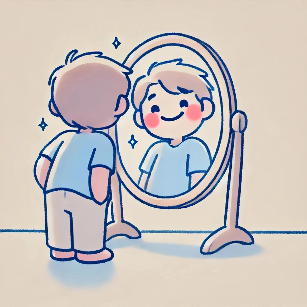 DALL·E 2024-12-10 10.00.24 - A cartoon-style illustration of a person standing with their back turned, looking into a mirror. The mirror reflects their face with a warm and genuin.jpeg
