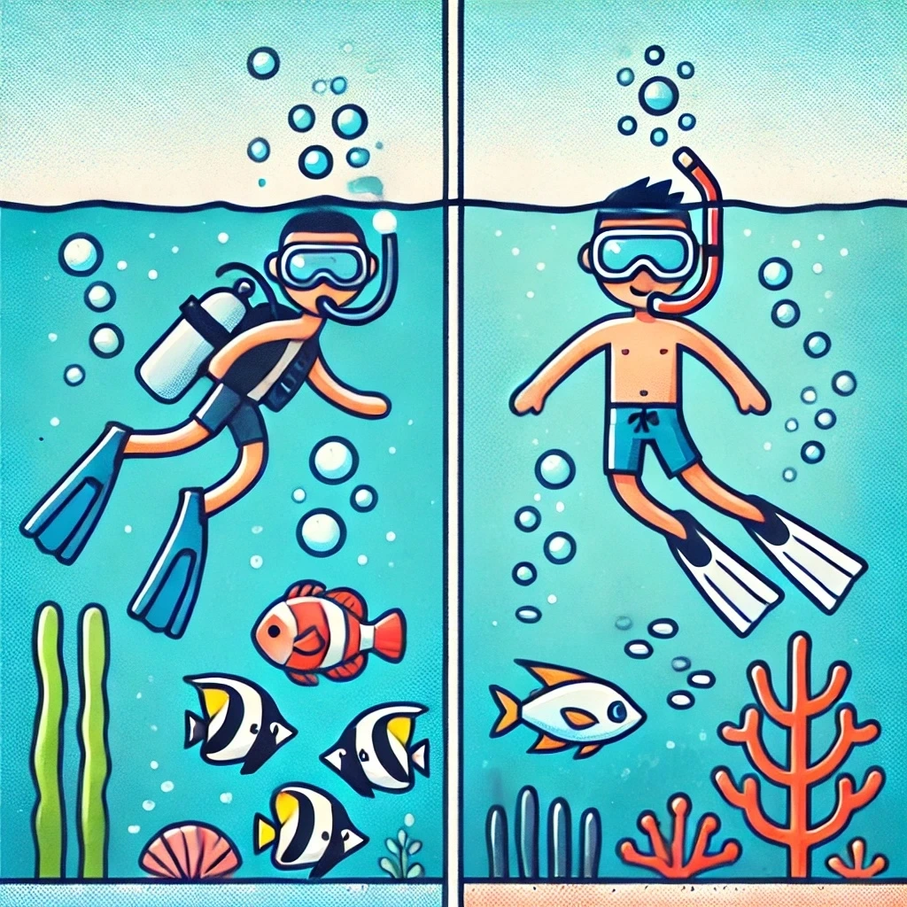 DALL·E 2024-12-18 12.26.08 - A cartoon-style square 1_1 ratio illustration of two underwater activities. On the left side, a scuba diver is depicted in a playful and colorful cart.jpeg