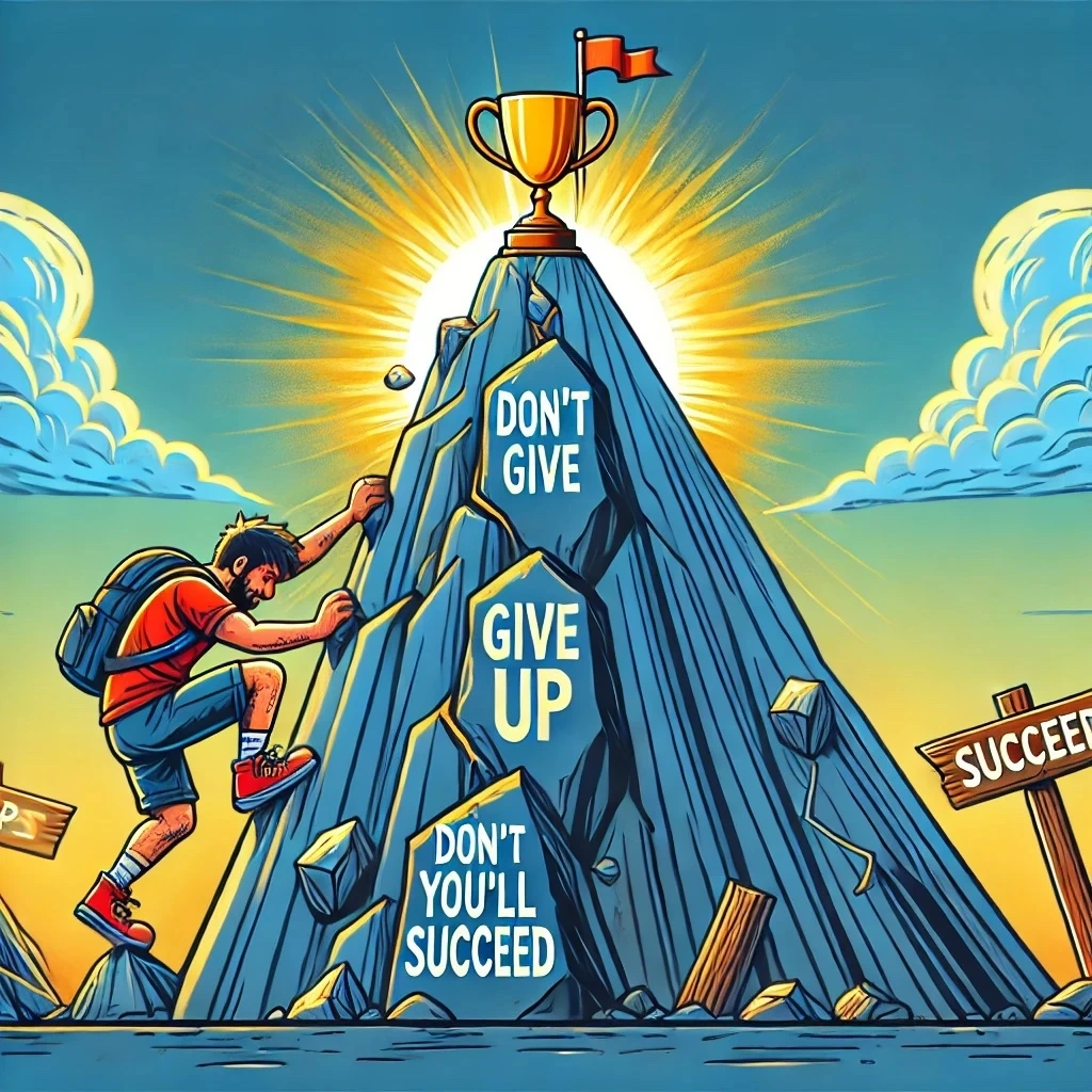 DALL·E 2024-12-10 10.29.56 - A motivational cartoon-style illustration symbolizing the phrase 'Don't give up, and you'll succeed.' The scene features a person climbing a steep mou.jpeg