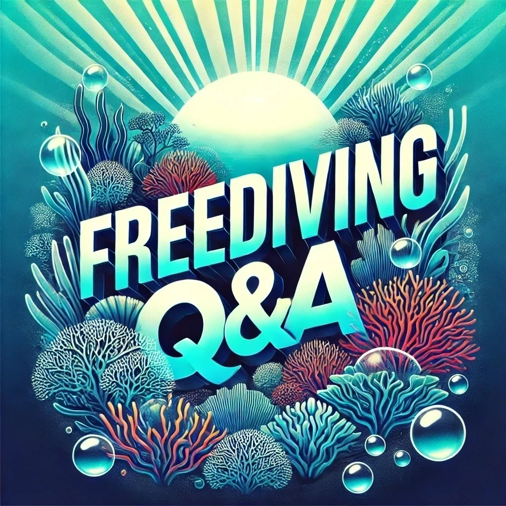 DALL·E 2024-12-26 14.20.35 - An artistic underwater-themed design with the words 'Freediving Q&A' as the central focus. The scene features vivid coral reefs, dynamic air bubbles, .jpeg