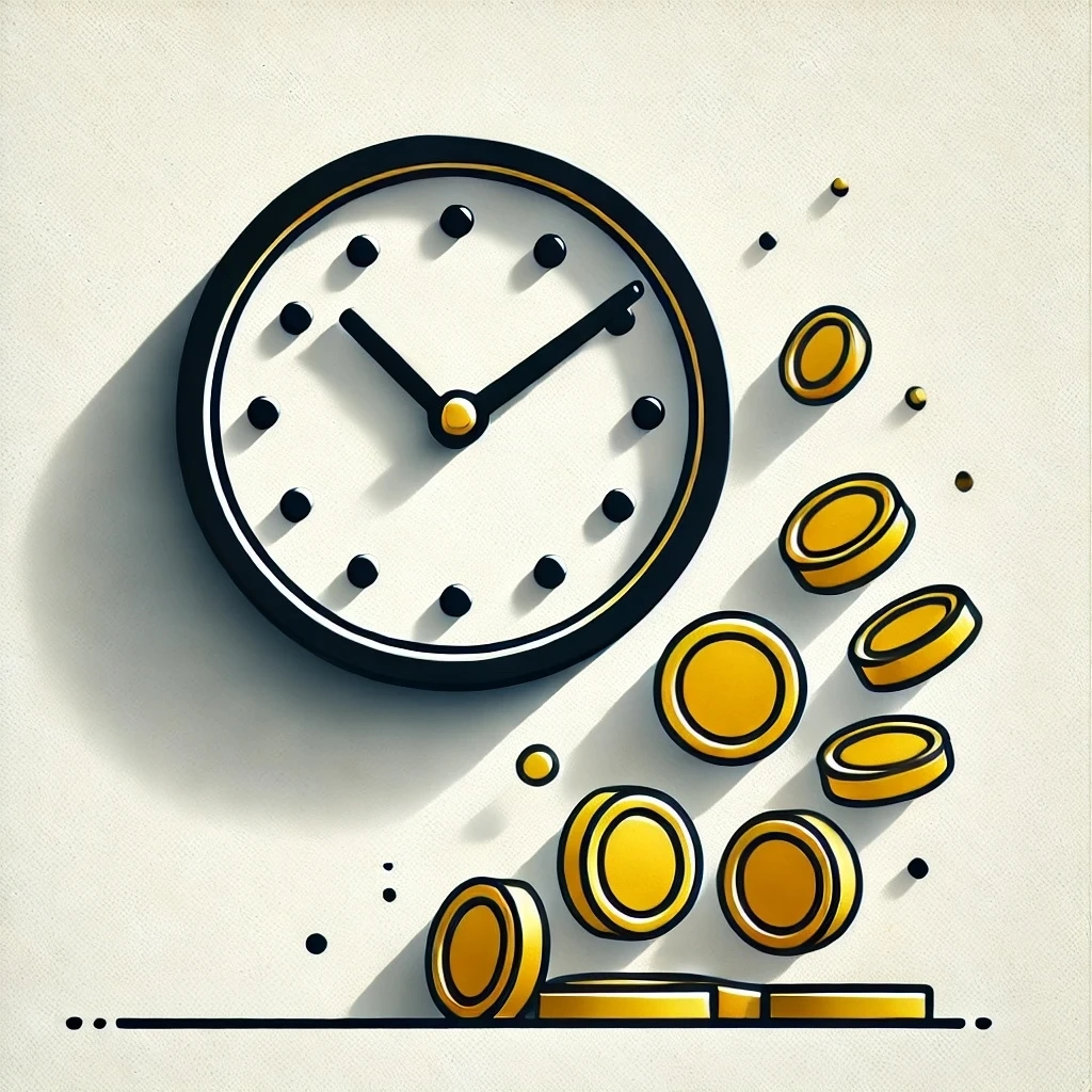 DALL·E 2024-11-28 15.11.23 - A minimalist 2D illustration on a white background, featuring a simple wall clock with gold coins falling from it. The design uses flat, bold shapes, .jpeg