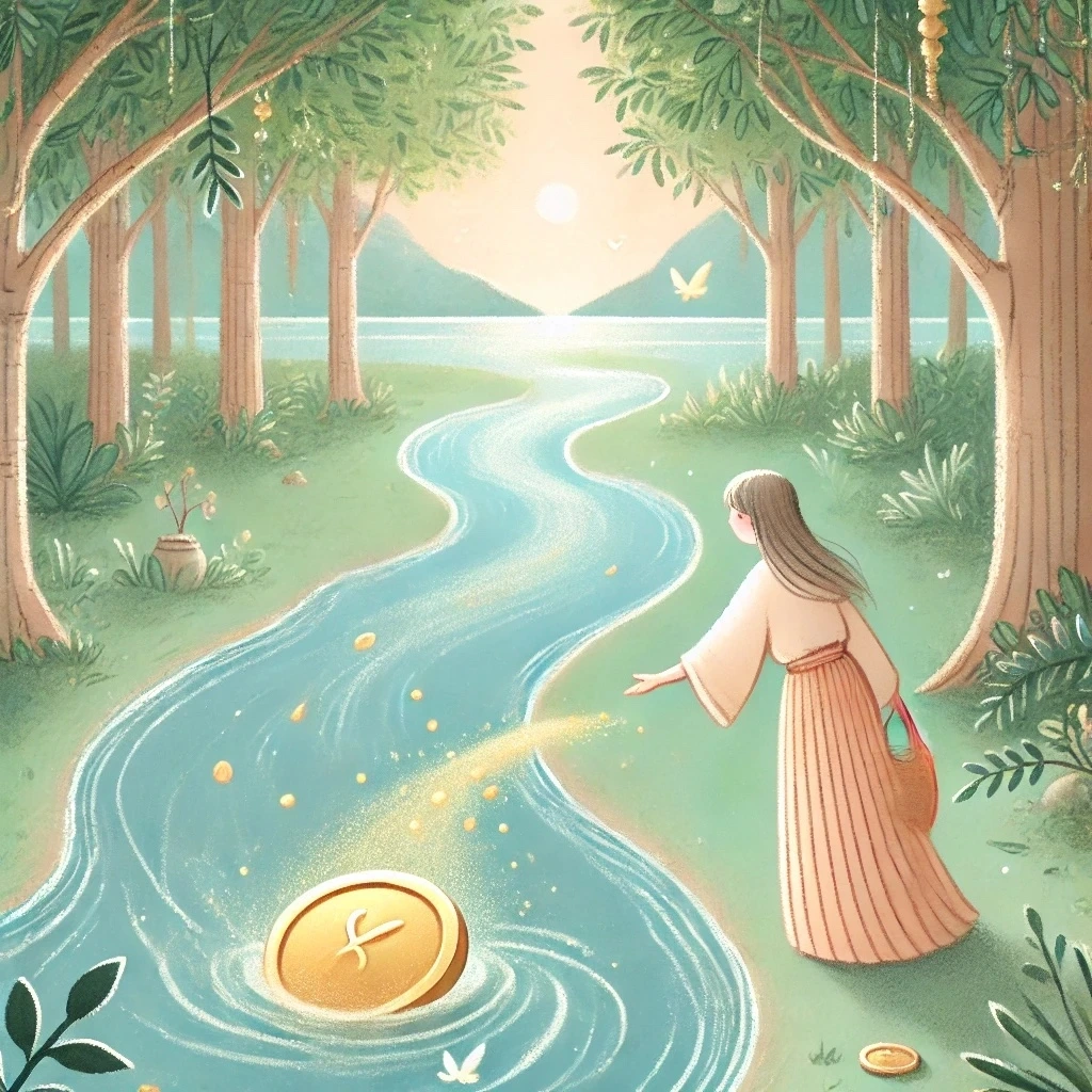 DALL·E 2025-01-10 22.26.08 - A whimsical and serene illustration representing the concept of avoiding greed. The scene shows a person standing by a calm river, gently releasing a .jpeg