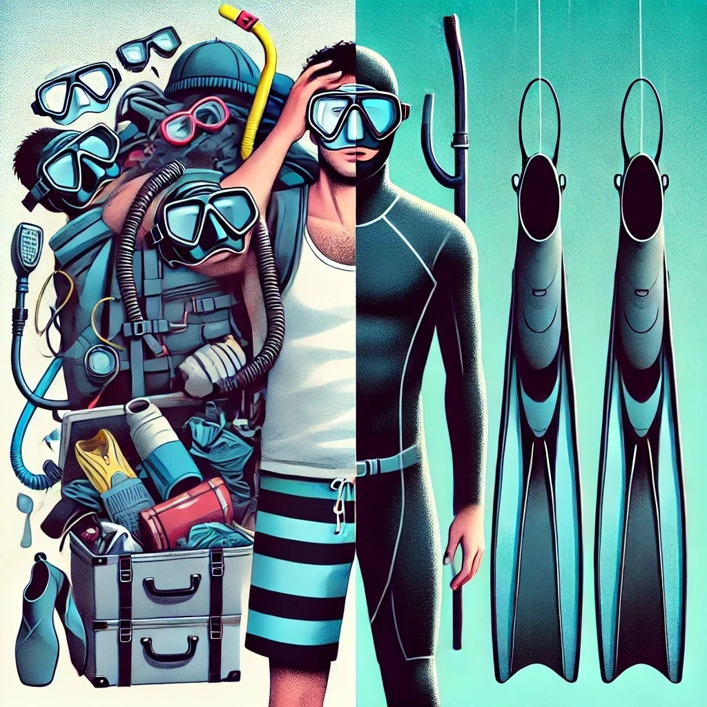 DALL·E 2024-12-01 15.53.27 - A split-screen illustration. On the left side, a person is overwhelmed by a chaotic pile of freediving equipment, including masks, fins, wetsuits, wei.jpeg