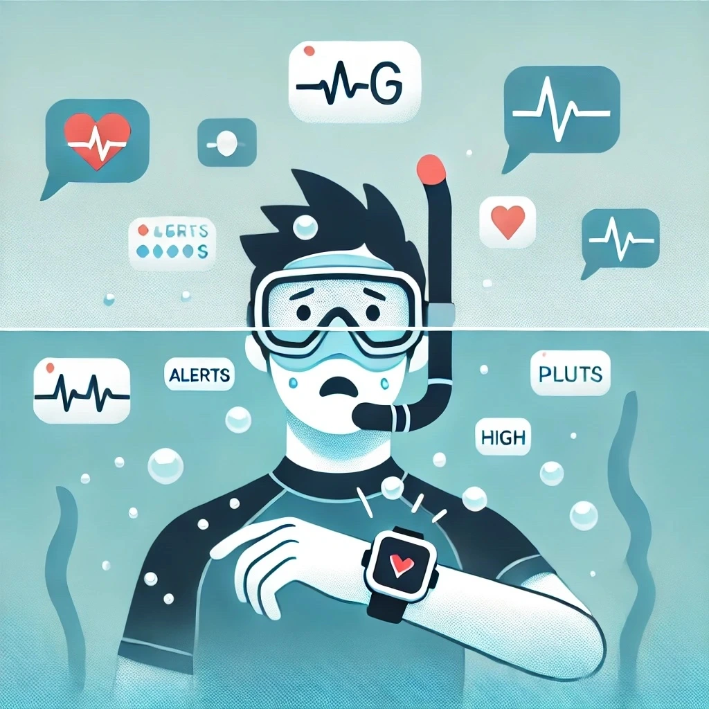 DALL·E 2024-11-26 08.18.08 - A simple and clean illustration of a snorkeler overwhelmed by information from a heart rate monitor. The snorkeler is underwater, surrounded by floati.jpeg