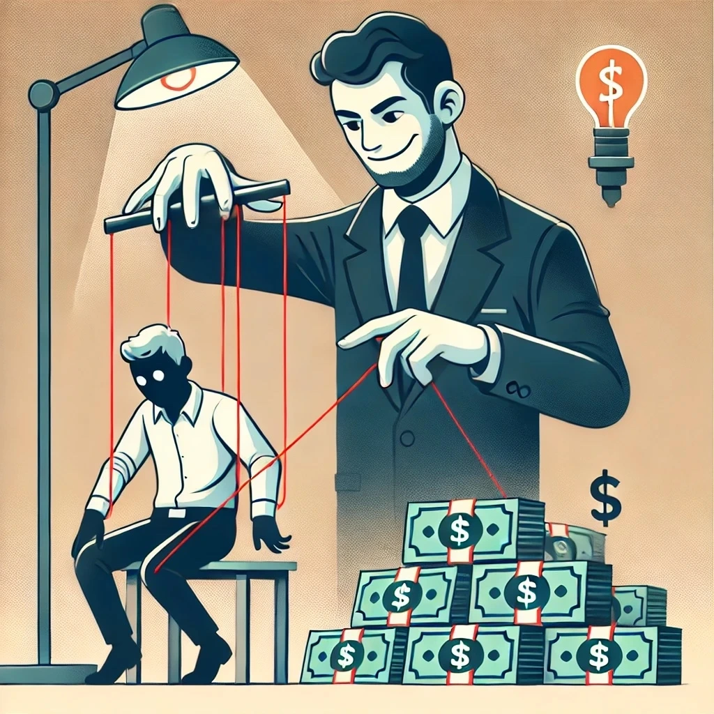DALL·E 2025-01-22 02.41.45 - A minimalist illustration depicting a manipulative instructor gaslighting a student for financial gain. The instructor, with a cunning expression, hol.jpeg
