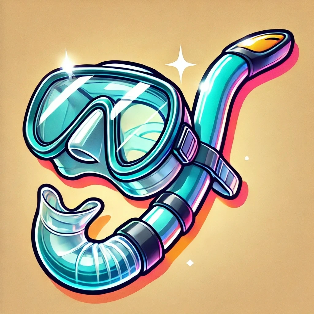 DALL·E 2024-12-23 10.11.54 - A cartoon-style illustration of a clean and shiny freediving snorkel and mask. The snorkel is curved and smooth, with a comfortable mouthpiece, while .jpeg
