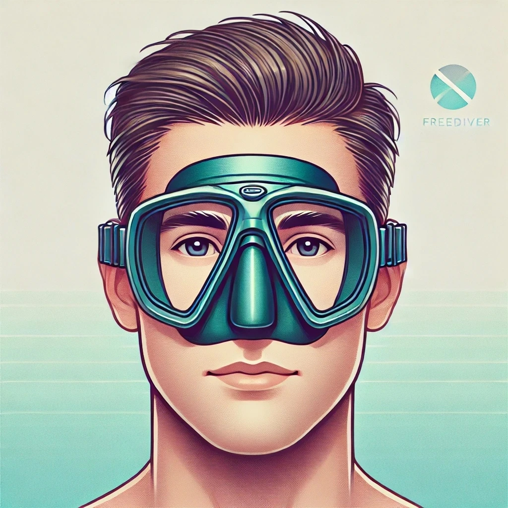 DALL·E 2025-01-10 00.25.28 - An educational and stylized illustration of a freediver wearing a diving mask on their face, looking straight ahead. The freediver's expression is cal.jpeg