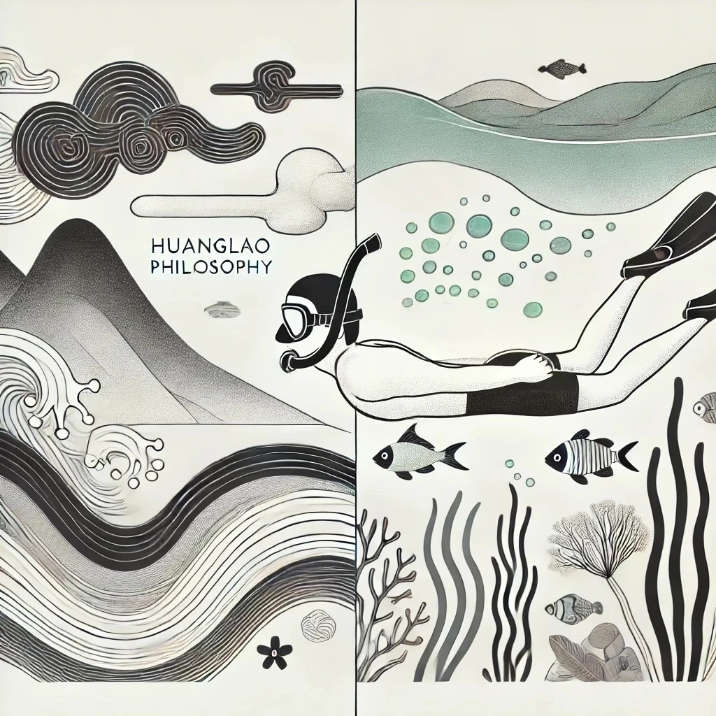DALL·E 2024-12-23 10.44.15 - A clear and artistic illustration split into two halves. The left side features Huanglao philosophy with flowing, abstract shapes representing mountai.jpeg
