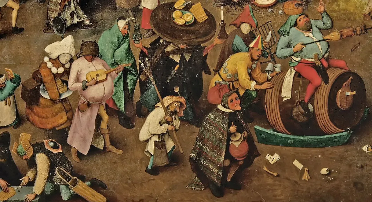 그림 왼쪽 하단에 주사위로 놀이하는 이들, 각종 마스크를 쓰고 연주하고 크고 둥근 대형 모자에 빵등 음식물 놓고 행진하는 무리가 있고.JPG