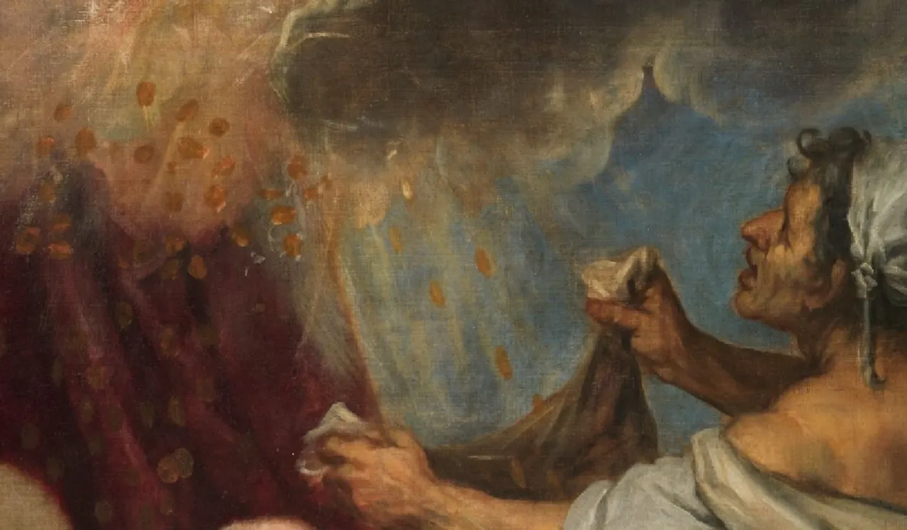 젊은 여성이 바라보는 것은 하늘에서 뭔가 떨어지고 있는 것인데, 옆의 늙은 여인이 자루를 이용하여 받으려고 하는 것을 보아서는 금화나 동전 일듯합니다..JPG