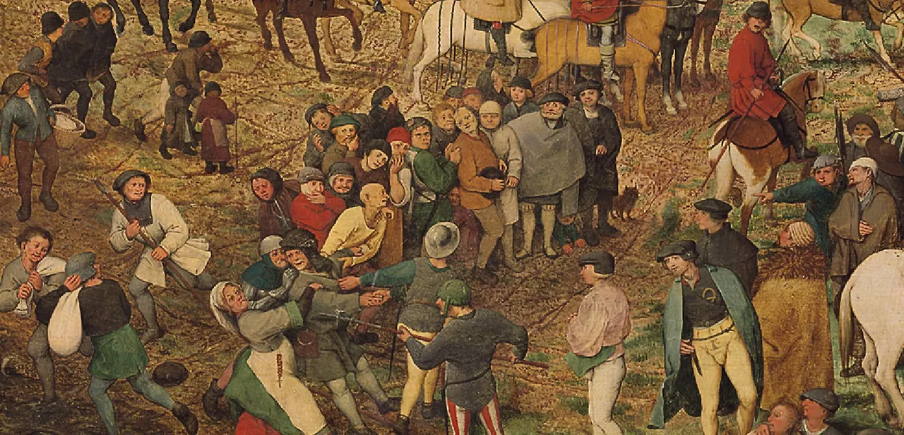 왼쪽편에서 또 다른 사건이 오히려 사람들의 이목을 끌고 있어요. 나이든 남자가 끌려가고 그 뒤에 앞치마를 두른 여인이 잡아 당기는 듯. 옆의 창을 든 군인이 여인에게 창을 들고 위협하고 있음.JPG