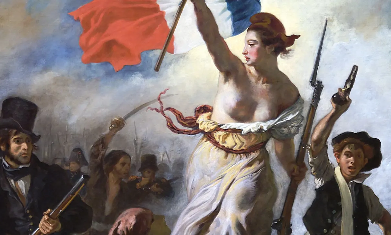 한 여성이 오른손에는 프랑스 깃발을 들고 왼손에는 총검을 들고 시민들을 이끌고 있습니다. 우측에는 앳된 남자아이가 총을 공중에 들고 있고, 왼쪽에는 아브라함 링컨을 연상케하는 남자가 역시 총을 들고 함께 앞장서고 있습니다.JPG