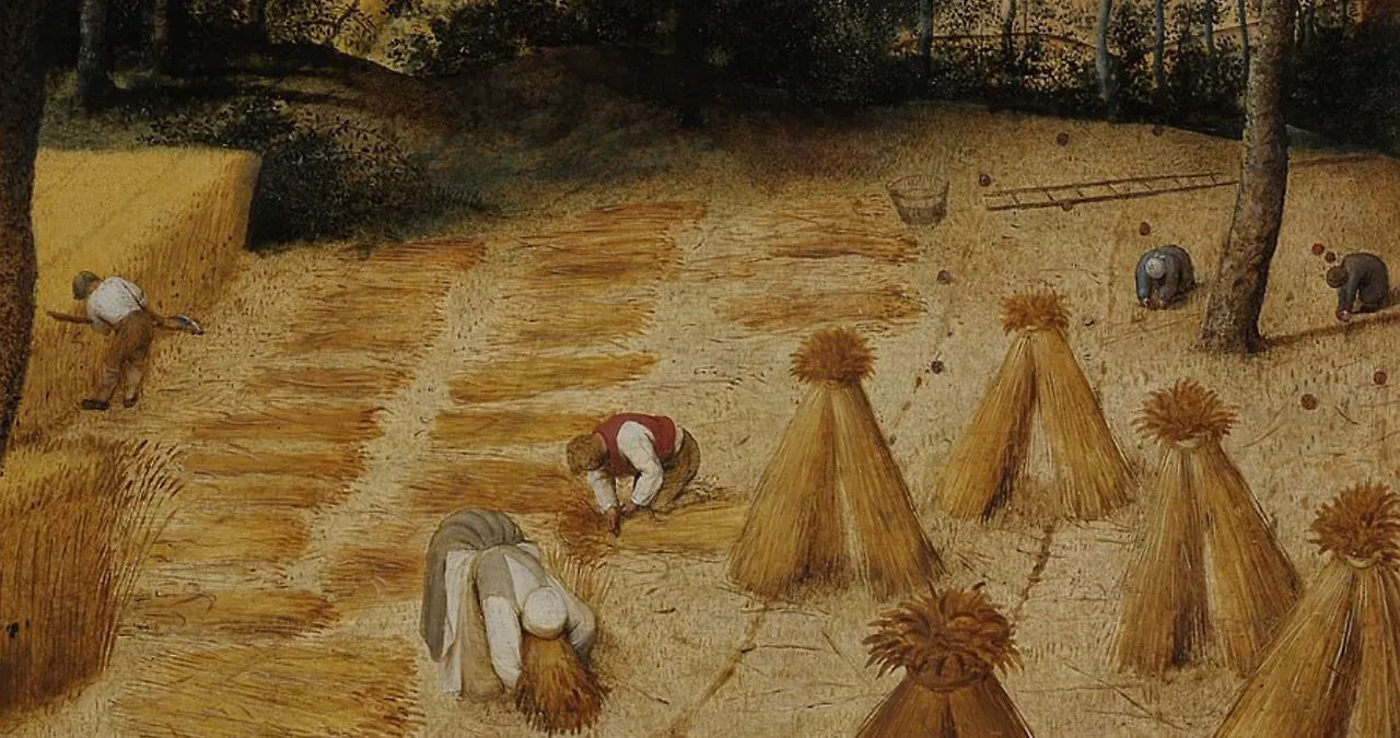 그 위에는 여전히 열심히 일하는 사람들도 그려져 있습니다. 낫을 들고 있는 남자, 볏단을 묶는 남자, 세우려고 끌어 앉는 여자, 그 옆에는 나무에서 과일을 따고 줍는 여인 두명이 보입니다.JPG