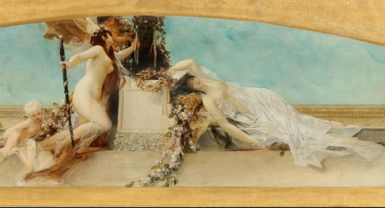 그림의 중앙입니다. 그림의 제목처럼 제단이라서 그런지 디오니 소스의 동상이 보입니다. 양쪽으로 두명의 여인이 보입니다. 한 명은 찬양하듯어루 만지고(왼쪽), 다른 한명은 그의 동상일부를 베고 누워있습니다. 두 사람 모두 머리카락이 깁니다. 한명은 흑발, 다른 한명은 붉은 머리입니다..JPG