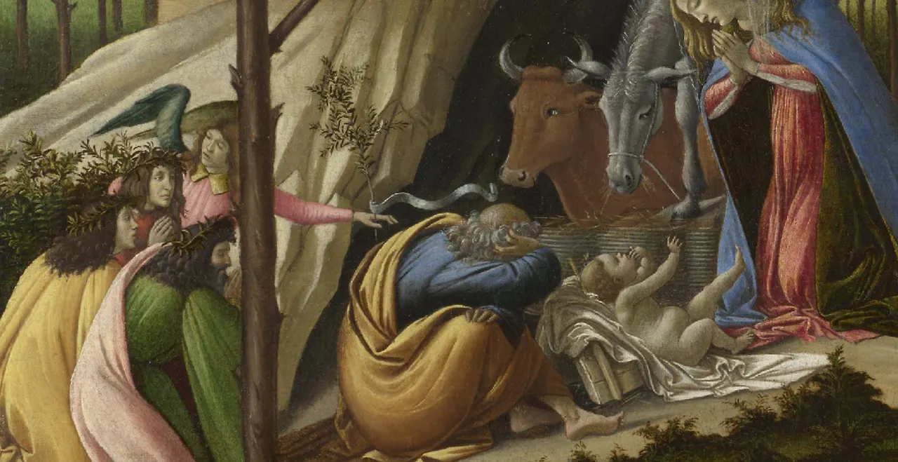 마굿간에는 태어난 아기와 어머니 마리아, 아버지 요셉이 보입니다. 말과 소도 보여서 마굿간임을 증명합니다. 아기는 태어난지 얼마 안 되었지만 제법 큽니다. 왼쪽과 오른쪽에 핑크색, 초록색, 노랑색, 붉은 색 옷을 입고 머리에 나뭇가지 화관을 쓴 사람드이 이 장면을 지켜봅니다..JPG