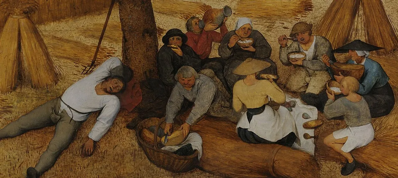 우측 하단에는 식사를 하는 사람들이 보입니다. 8명은 열심히 뭔가를 먹고 있습니다. 술을 병체로 들이키는 남자, 빵을 자르고 먹는 남자, 여자, 그릇에 하얀 뭔가를 들고 먹고 있는 모습이 참 정겹습니다.JPG