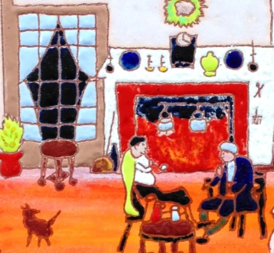 그림 중앙 상단에는 커다란 벽난로가 보입니다. 할머니가 붉게 타오르는 불꽃을 너무 크게 그려 놓으셨네요. 그 앞에는 남자 두분이 앉아서 담소를 나누고 있습니다..JPG