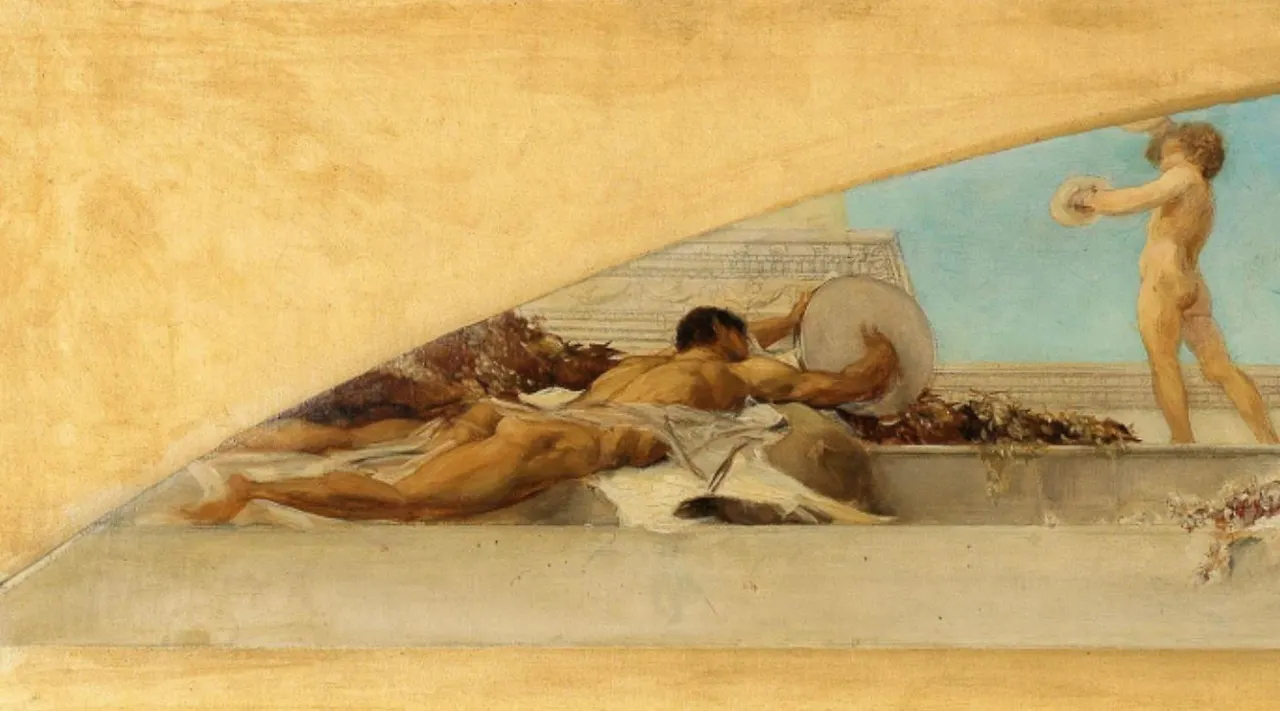 우측에 한 남자가 누어 있습니다. 누드의 남자는 천 하나를 두르고 있습니다. 커다란 템버린 닮은 납작한 북을 두드리고 있습니다. 그 앞에 작은 아이가 또한 심벌즈 같은 것을 들고 춤을 춥니다. 역시 누드립니다. 이 그림에 등장하는 모든 사람은 모두 누드입니다..JPG