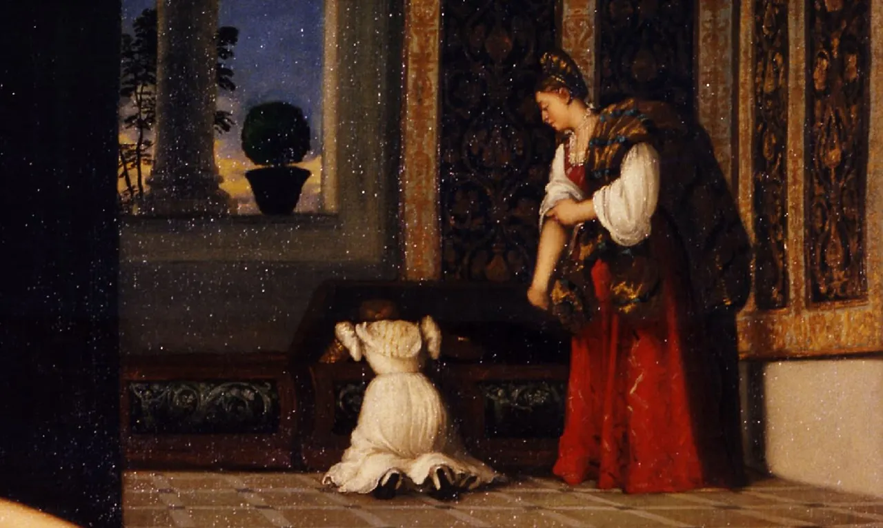 이 그림을 보면 늘 눈에 거슬리듯 보이는 뒤편의 제법 잘 차려입은 여인과 그녀가 바라보는 하녀의 모습입니다. 이들의 사연은 무엇인지 궁금합니다. 벽에는 멋진 문양의 카펫이 걸려있고, 창밖으로 노을이 보입니다..JPG