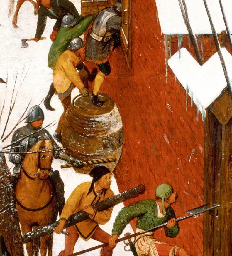 오른쪽으로 문 잠군 집을 부수기 위해 기구를 가지고 오는 병사, 창문으로 들어가는 병사가 잘 묘사되어 있습니다..JPG