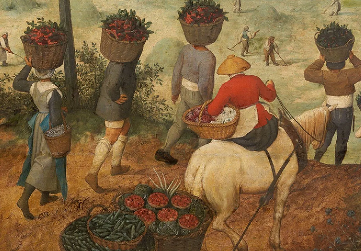 우측 전경에는 당시 들이나 산에서 수확하는 여러 곡식이 다양하게 그려져 있습니다. 말을 타고 있는 붉은 옷을 입은 여인이 왼팔 바구니에 가지고 있는 수확물, 말이 끌고가는 거대한 바구니, 주변에서 바구니에 머리에 올려서 가지고 가는 것들이 모두 다양합니다..JPG