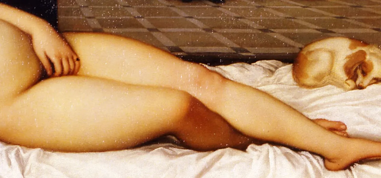 르네상스 시대에 누드 그림에서 보통은 얇은 천으로 소중한 부위는 가리고 있는데, 이 그림에서는 손으로 가리고 있습니다. 몸 아래 하얀 시트의 묘사, 발 끝의 강아지 묘사, 뒤로 보이는 카펫 문양까지 세심합니다..JPG