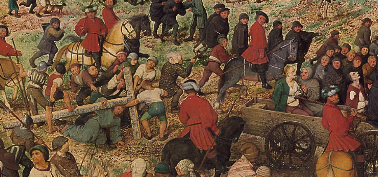 그림 중앙은 십자가를 들고 가는 예수의 모습이고, 그 앞에는 마차에 태워진 죄수도 보임.JPG