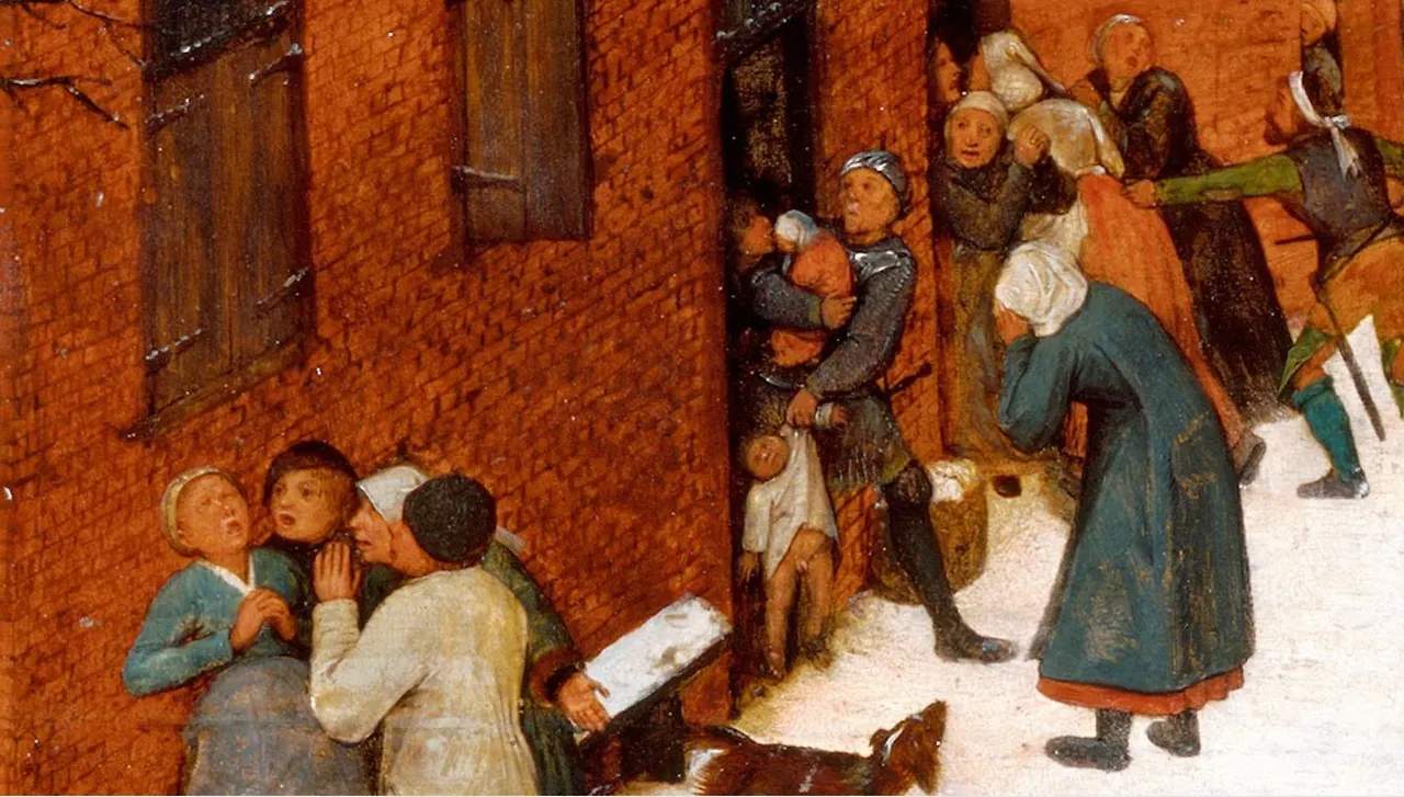 왼쪽의 붉은 담벼락 앞에는 한 여인이 뒤로 넘어가고 있고, 그녀를 둘러싼 세명이 뭔가 이야기를 해 주고 있습니다. 그 위로 한 집에서 아이를 데리고 나오는 병사, 울부짖는 여인, 집으로 뛰쳐 들어가는 여인, 잡아 당기는 머리띠 맨 남자가 보입니다..JPG