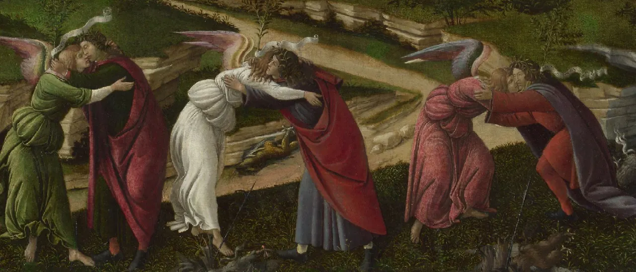 이 그림의 제일 전경에 세 명의 사람들이 세 명의 천사들과 씨름하듯이 얼싸안고 있습니다. 씨름을 하는 것인지 축하의 허그를 하는 것인지 궁금하네요..JPG