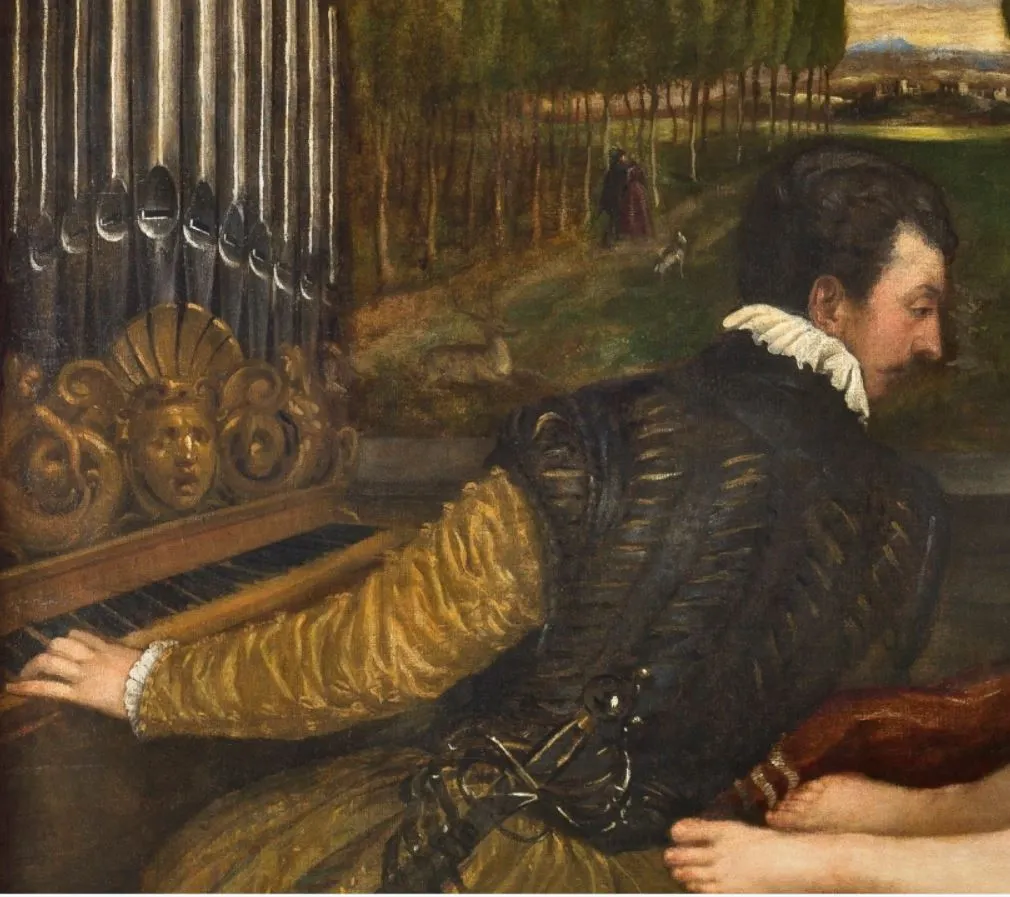 왼쪽 편에는 피아노를 치고 있는 남자가 몸을 돌려서 오른쪽 편의 비너스와 개를 바라보고 있습니다..JPG