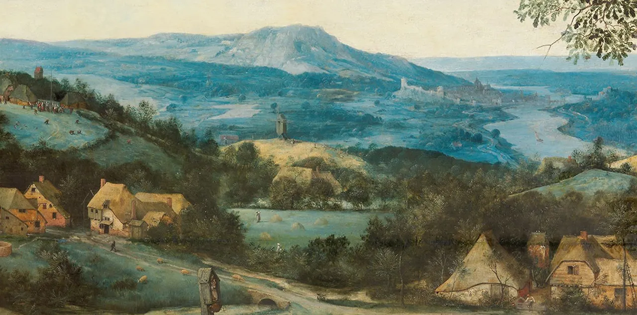 우측 중경 - 나무 밑으로 펼쳐져 있는 풍경도 대단합니다. 가까운 곳에는 노랑이 더 멀리는 푸른 색으로 구분을 합니다. 좌측에 동네 사람, 우측에 강과 도시가 보입니다.JPG