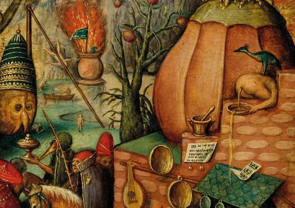 피터의 그림에 많이 등장하는 대소변보는 장면은 이 그림에서도 있습니다. 이번에는 아주 줄줄 싸고 있는데, 흥미롭게 한자를 쓴 것 같은 상호가 초록색 지붕위에 펄럭입니다..JPG