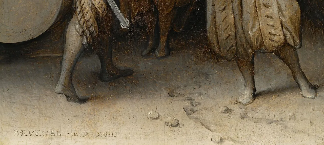 이 그림의 하단입니다. 땅의 묘사도 그동안 보았던 피터의 그림과 많이 다릅니다. 뭔가 배경에 이야기를 많이 넣어 왔던 그의 그림 스타일을 벗어나서 매우 생략하고 있습니다. 흙에 돌덩이 몇개, 그리고 자신의 서명을 넣고 있습니다..JPG