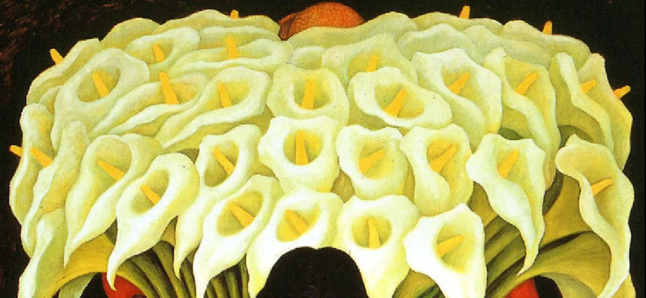 이 그림의 주제는 꽃입니다. 그림속에서 가장 많이 보이는 것은 칼라 릴리(Calla Lily)입니다. 그 아름다움을 화가는 열심히 많은 면적으로 그리고 있습니다. 릴리가 화분이나 화병에 꽃혀 있다면 이 아름다운 릴리 무리는 그렇게 유명하게 되지 않았을 것입니다. 이만큼 아름다운 꽃 그림은 어떤 화가든 그릴 수 있기 때문입니다..JPG
