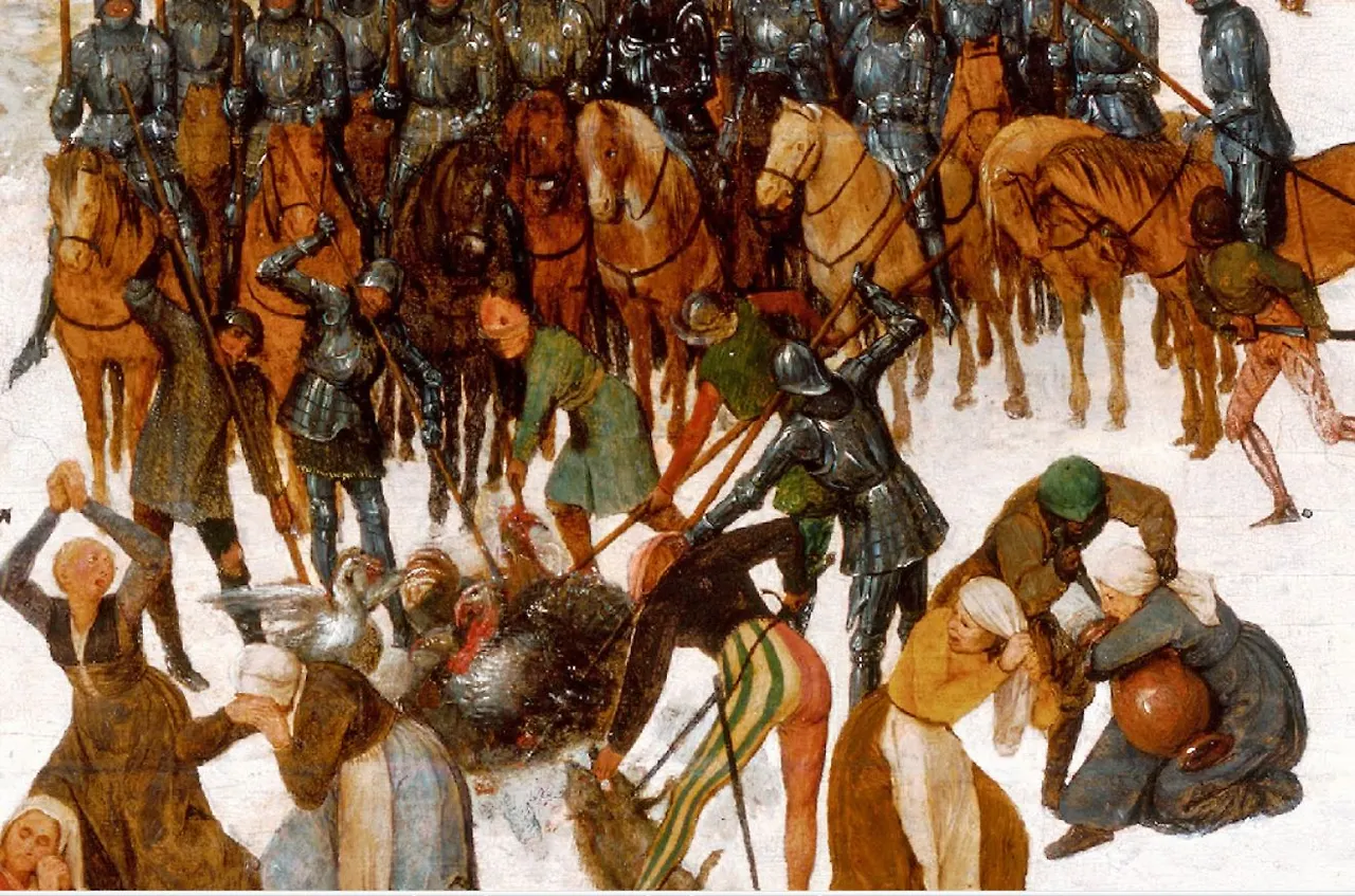 그림 하단에는 병사들이 말을 타고 진을 치고 있고, 그 앞에는 오리와 칠면조를 창으로 죽이고 있습니다. 이를 본 동네 여인들이 소리를 지르며 안타까워합니다..JPG