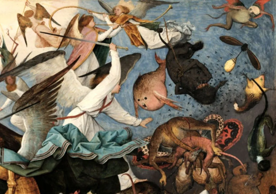 우 상단 - 천사들이 호른 불고 날고, 긴 칼 든 흰옷 천사 복어 괴물, 날파리 괴물, 두더지 괴물과 싸움.JPG