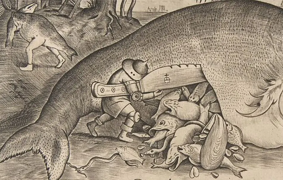 배를 가르고 물고기를 꺼내는 장면 - 쏟아져 나오는 많은 물고기들 - 역시 큰 물고기가 작은 물고기를 물고 있습니다..JPG