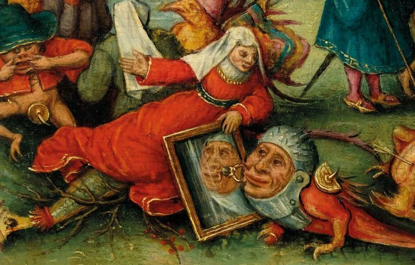 오늘은 전경부터 보겠습니다. 좌측 하단에 거울을 들고 있는 붉은 옷의 여인이 거울을 누군가에게 비춰줍니다. 그 앞에는 투구를 쓴 도마뱀 같은 동물인데 얼굴에 반지를 피어싱하고 있습니다. 붉은 색의 여인은 인어 같습니다.JPG