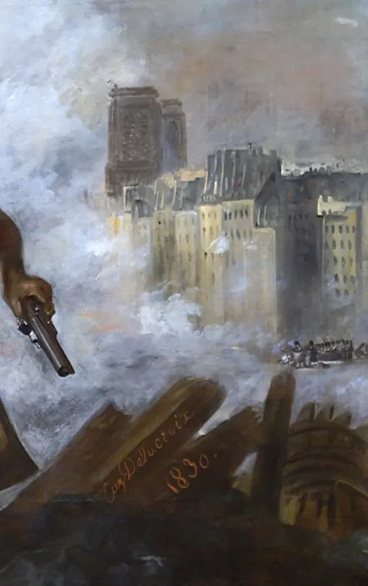 여신의 뒤편으로 뭉개 구름 같지만 연기가 솓아 오르고 있고, 저 멀리 높은 빌딩과 그 아래 군사들이 집결해 있음이 보입니다. 그림 전경에 있는 나무 토막 위에 작가의 서명이 보입니다..JPG