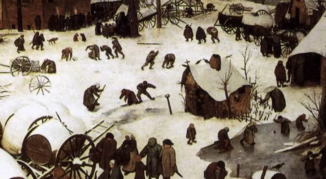 그림의 중앙 오른편에 눈이 잔뜩 내린 마을에서 아이들은 눈싸움을 하고 있고, 어른들은 눈 사이에 길을 내느라 분주합니다..JPG