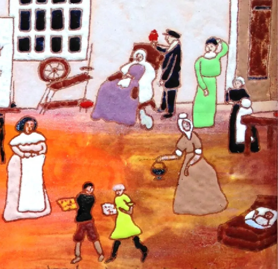 오른쪽 상단에는 어린 아기가 소파에 있는 것도 보입니다. 그 곁으로 두 아이가 쟁반에 뭔가 올리고 옮기고 있습니다. 그림을 그린 스케치 북일 수도 있습니다. 맨 위에 할머니는 안락 의자에 앉아 있고 그 옆에서 남자 한분이 말 동무를 해 주시고 계십니다..JPG