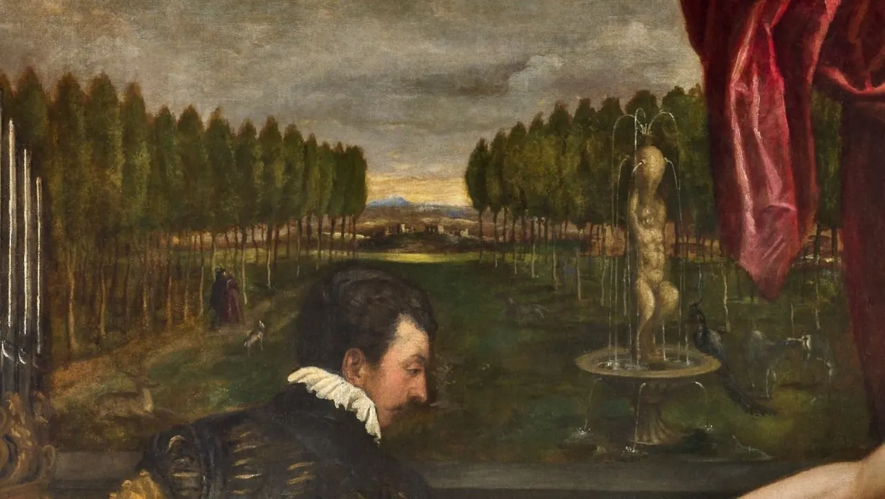 뒤편은 연인이 개를 데리고 함께 거닐고 있는 나무가 줄지어 있는 공원의 풍경이 그려져 있습니다. 전경의 피아니스트와 개, 비너스가 그림속으로 들어가 있는 듯합니다..JPG