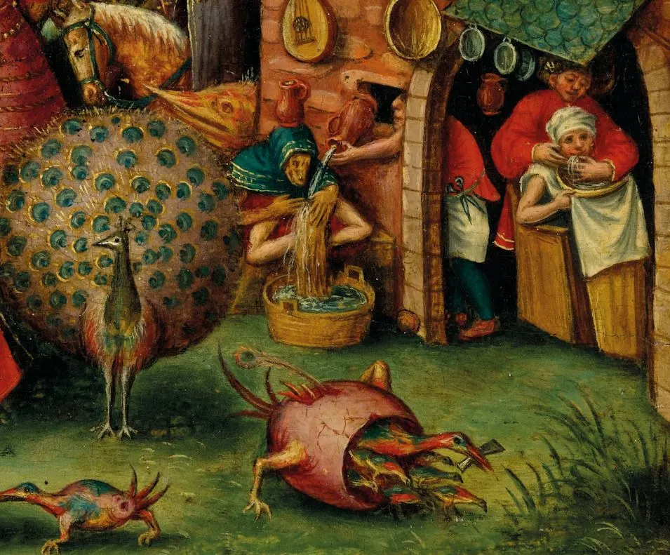 이 그림은 동물들이 매우 많이 등장합니다. 공작새, 석류를 쪼으는 새, 몸통 하나에 들어있는 다양한 새, 그리고 집 안에서 안 남자는 나무 틀 속에 갇힌 사람에게 국수 같은 것을 먹입니다. 그 옆 남자는 창문을 통해 물통을 부어주고 창 밖에서 쥐인간이 여인의 머리를 감겨줍니다..JPG