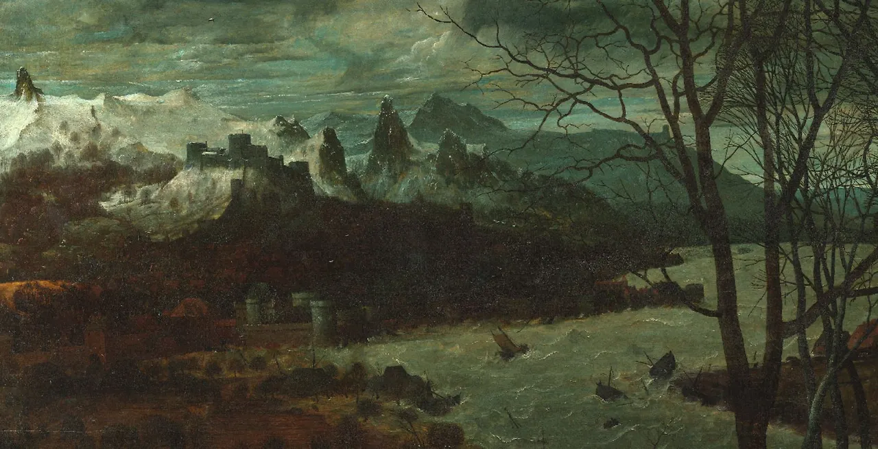 멀리 그림 상단에는 높은 성과 뽀죡한 산들이 보이고, 하늘은 어둡고 검푸릅니다. 아래에 물도 보입니다. 파도가 있으니 바다일 듯합니다..JPG