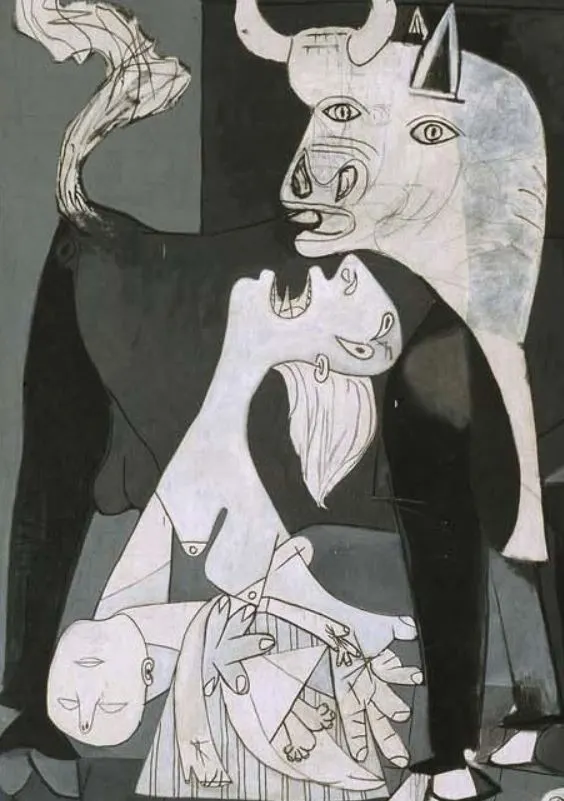 왼쪽에 황소와 여인과 그녀의 품에 늘어진 아이가 보입니다. 자세히 보지 않으면 황소의 엉덩이와 꼬리, 몸통이 보이지 않습니다. 엄마는 하늘을 보고 절규합니다. 품안의 아이는 늘어져 있으니 아마도 품에서 숨을 거둔 것 같습니다..JPG