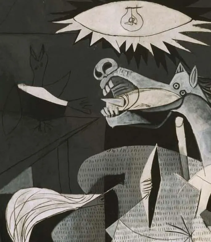 옆으로 가면 새도 둥지에서 하늘에 소리를 지르며 고통으로 몸부림합니다. 말도 보이네요. 알은 창에 찔렸는지 몸에 나무가 하나 튀어 나와 있습니다. 천정에 전구처럼 그려진 것은 해일 듯합니다..JPG