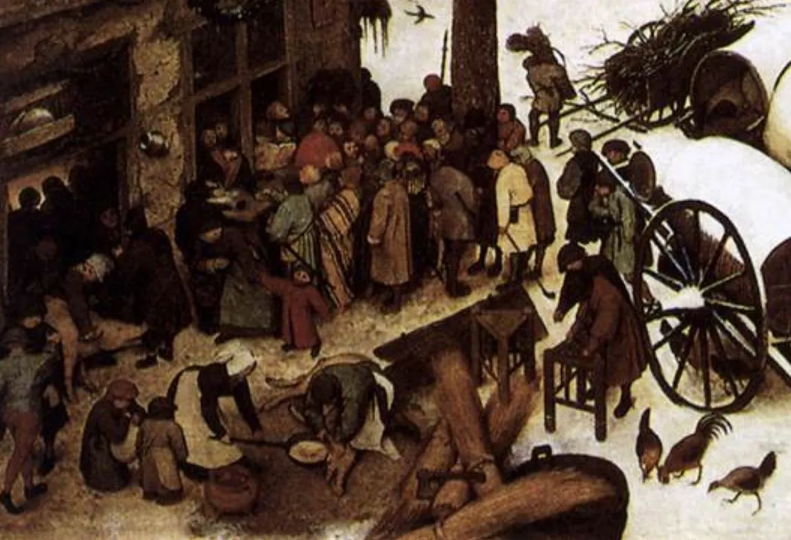 좌측 하단에 사람들이 몰려있습니다. 매 왼쪽에 돼지를 몰고 나오는 여인, 뭔가 음식을 만들어서 길다란 팬에 올려진 음식을 주머니 같은 곳에 넣는 여인들이 보이고, 그 뒤로 음식을 나눠주고 있는지 사람들이 바글바글 모여있습니다..JPG