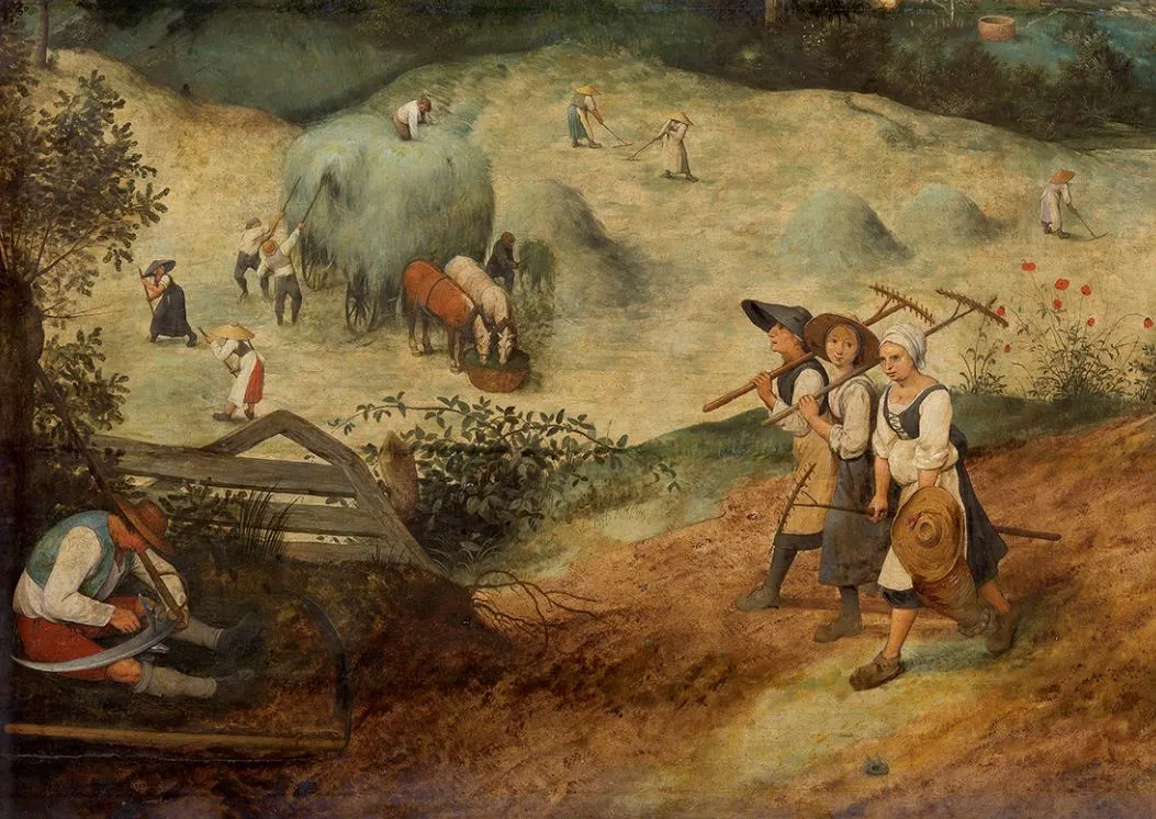 전경-좌측 - 전경으로 오면 마차에 건초를 산떠미처럼 올리고 있는 농민과 말에게 먹이를 주는 모습, 쉬면서 거대한 굽은 칼을 갈고 있는 남자, 어디론가 행하는 세명의 여인들이 보입니다..JPG