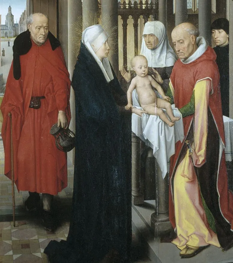 삼면화의 우측 장면입니다. 아기 예수의 세례식인지 뒤편의 요셉으로 추정되는 나이든 남자가 물명을 들고 있고, 성모와 아기, 그리고 세례식을 집전하는 성직자가 보입니다. 성직자 허리춤에 칼 같은 것이 보이는 것도 특이합니다..JPG